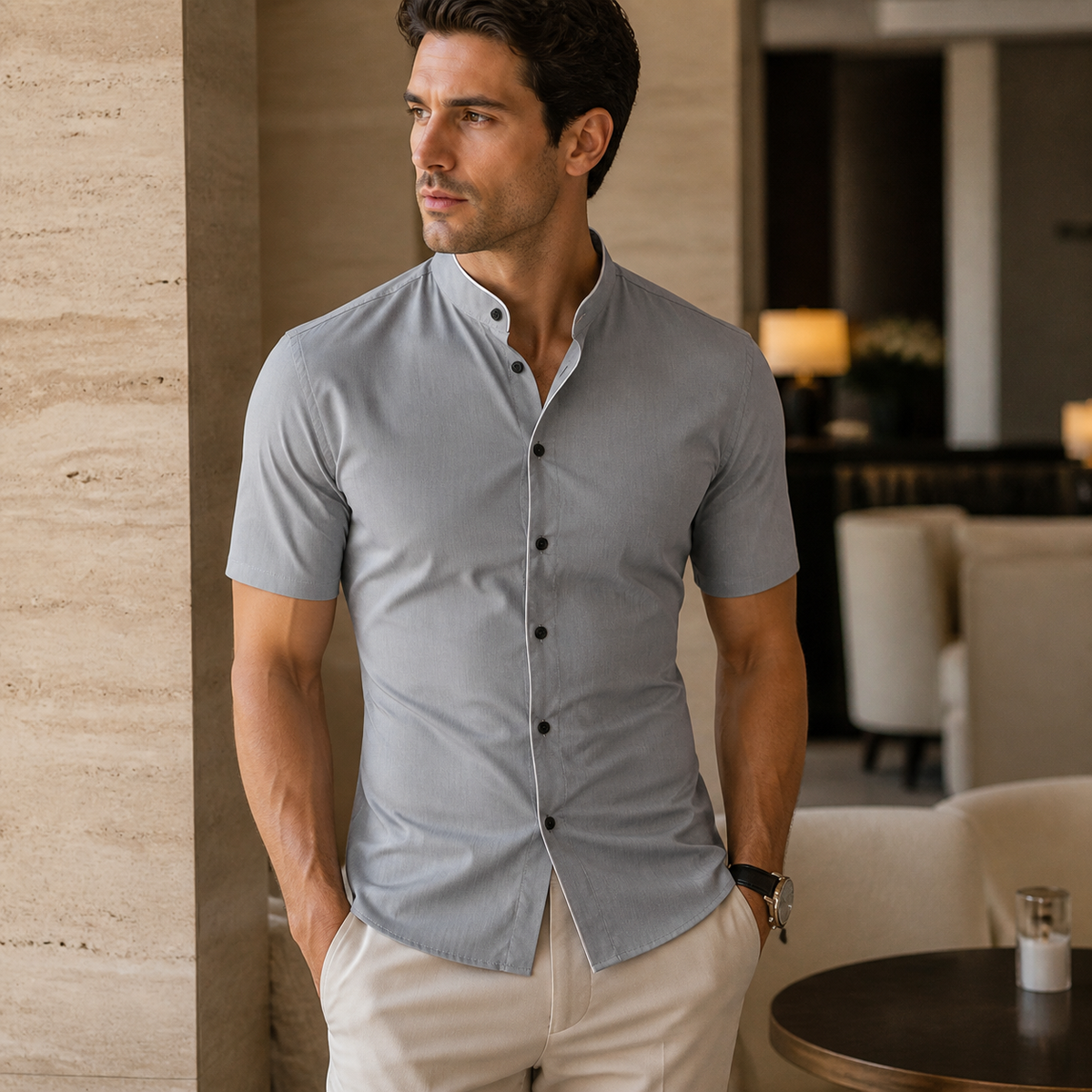 Valenric Contrast Stand-Collar Shirt — imagem secundária