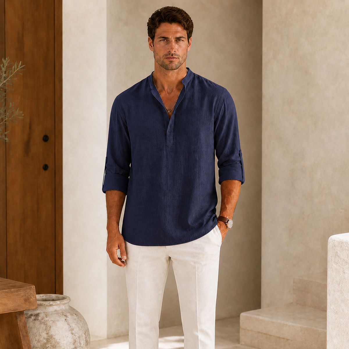 Valenric Coastal Linen Henley — Navy