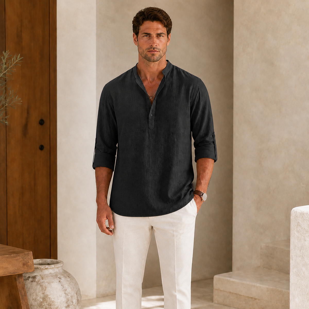 Valenric Coastal Linen Henley — Black