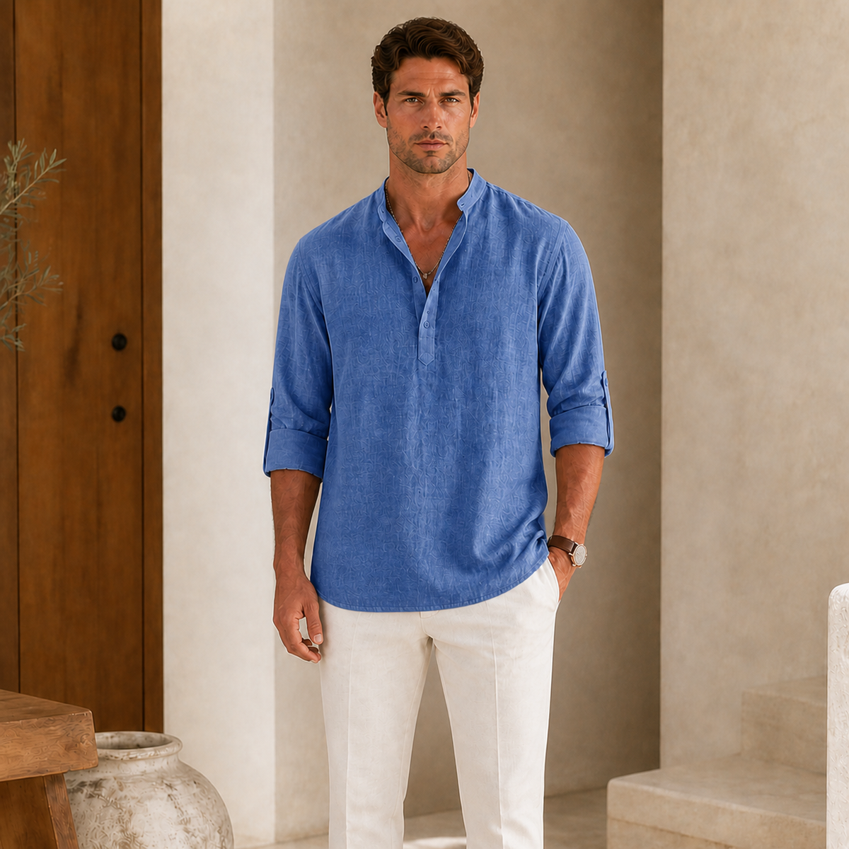 Valenric Coastal Linen Henley — Blue
