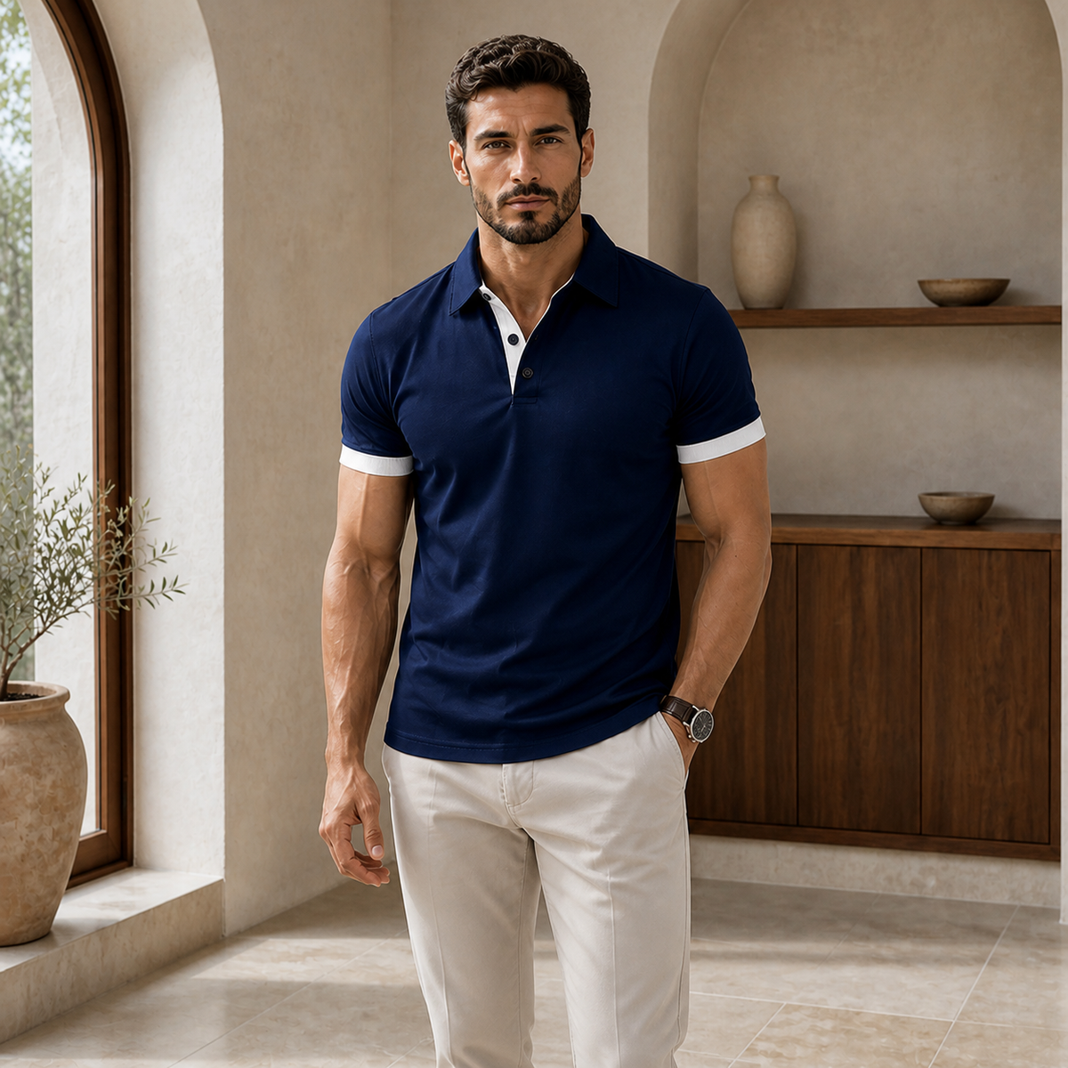 Valenric Contrast Collar Polo — Navy Blue with White