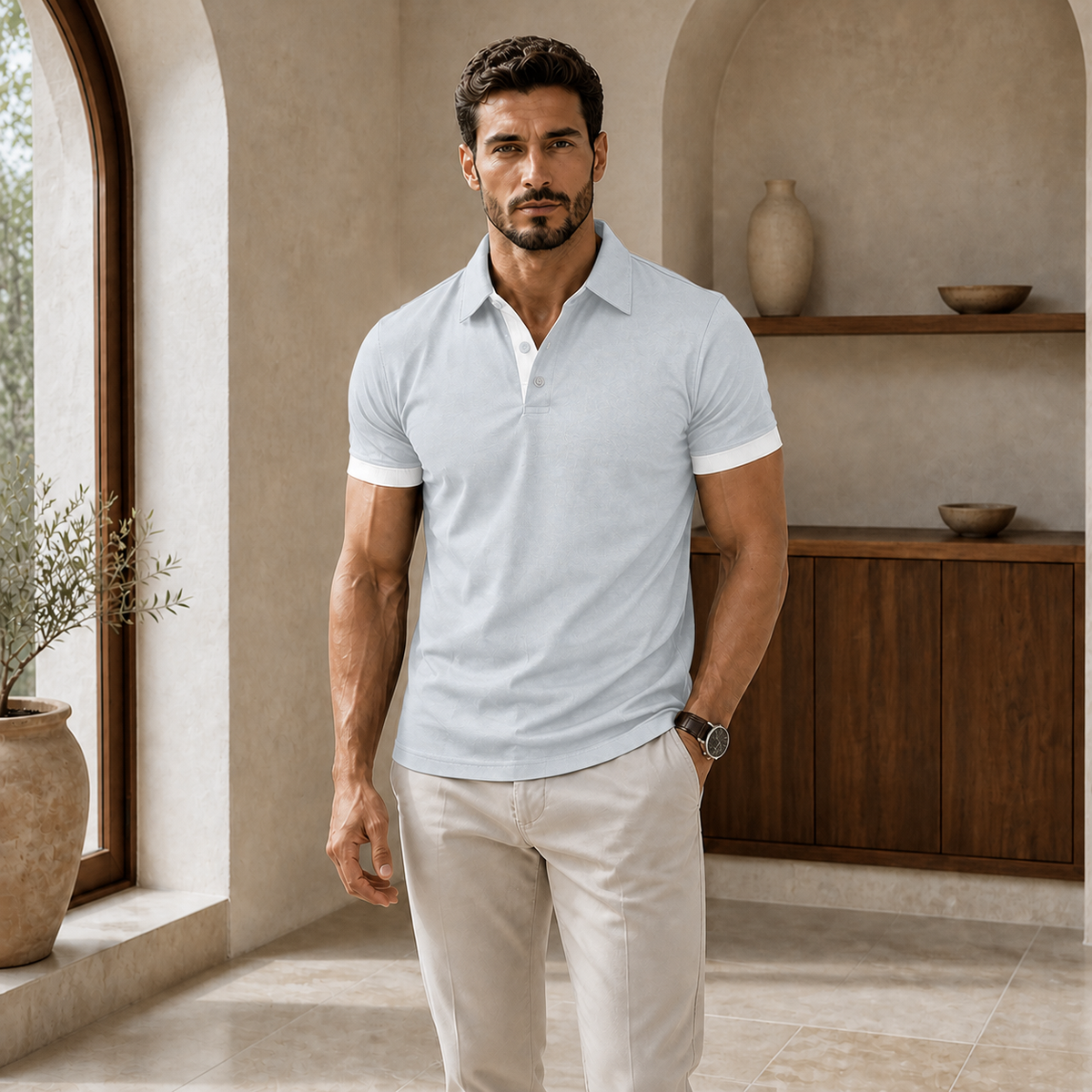 Valenric Contrast Collar Polo — Light Grey and White