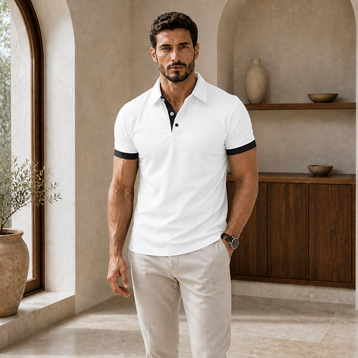 Valenric Contrast Collar Polo — White and Black