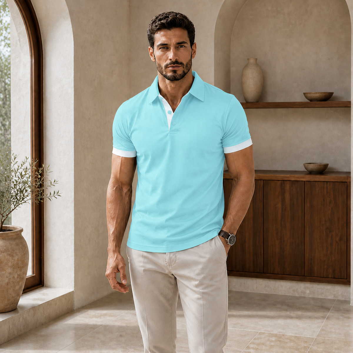 Valenric Contrast Collar Polo — Light Blue