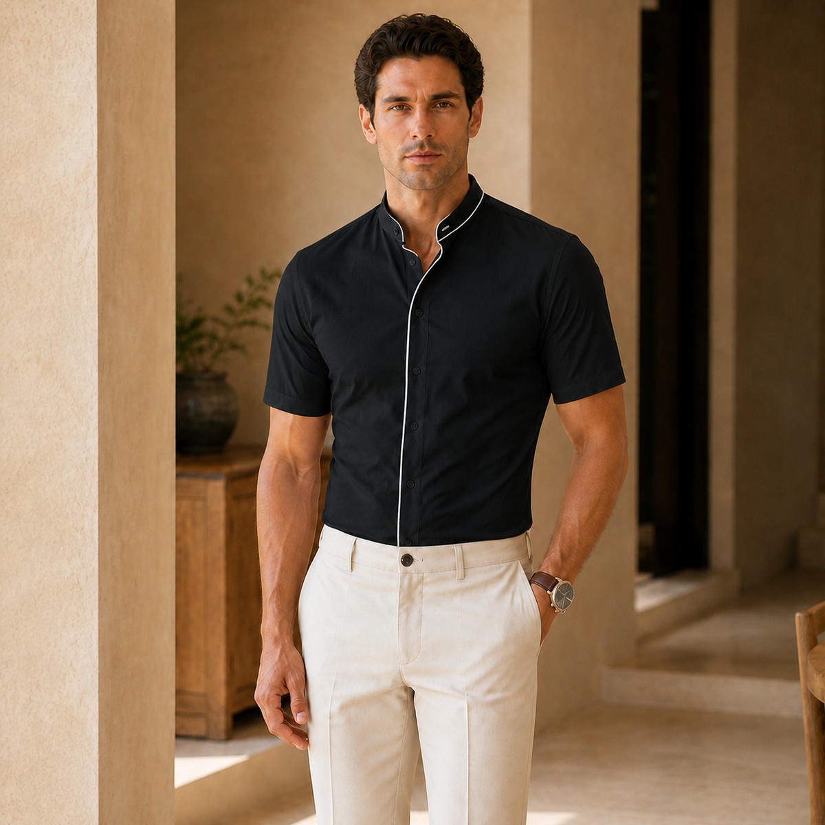 Valenric Contrast Stand-Collar Shirt — Black