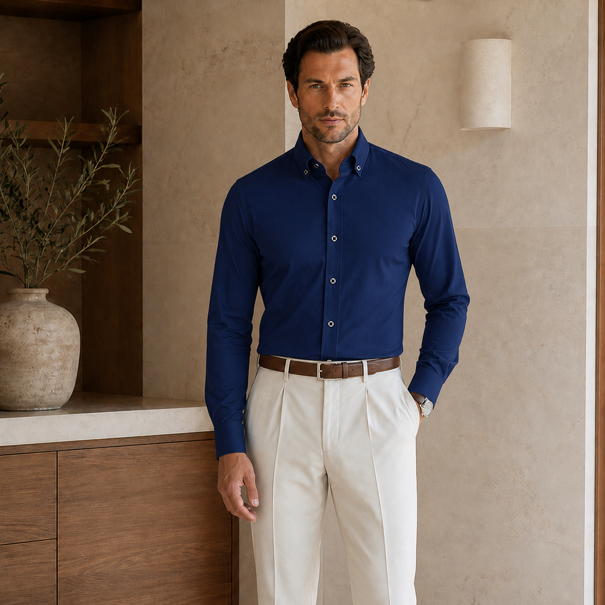 Valenric Essential White Shirt — Navy Blue Long