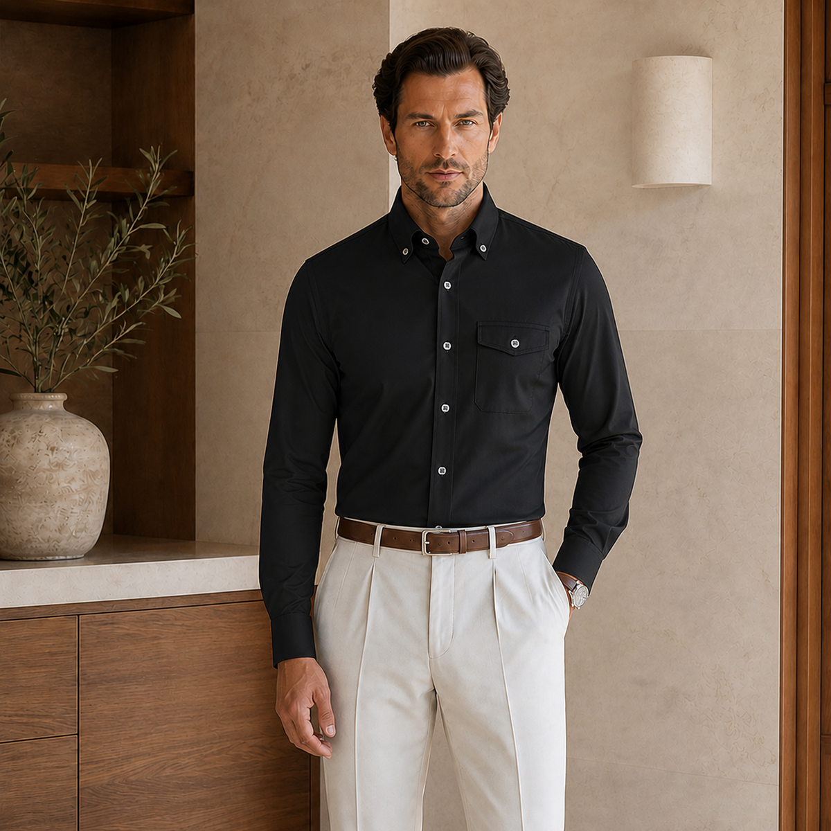 Valenric Essential White Shirt — Black Long