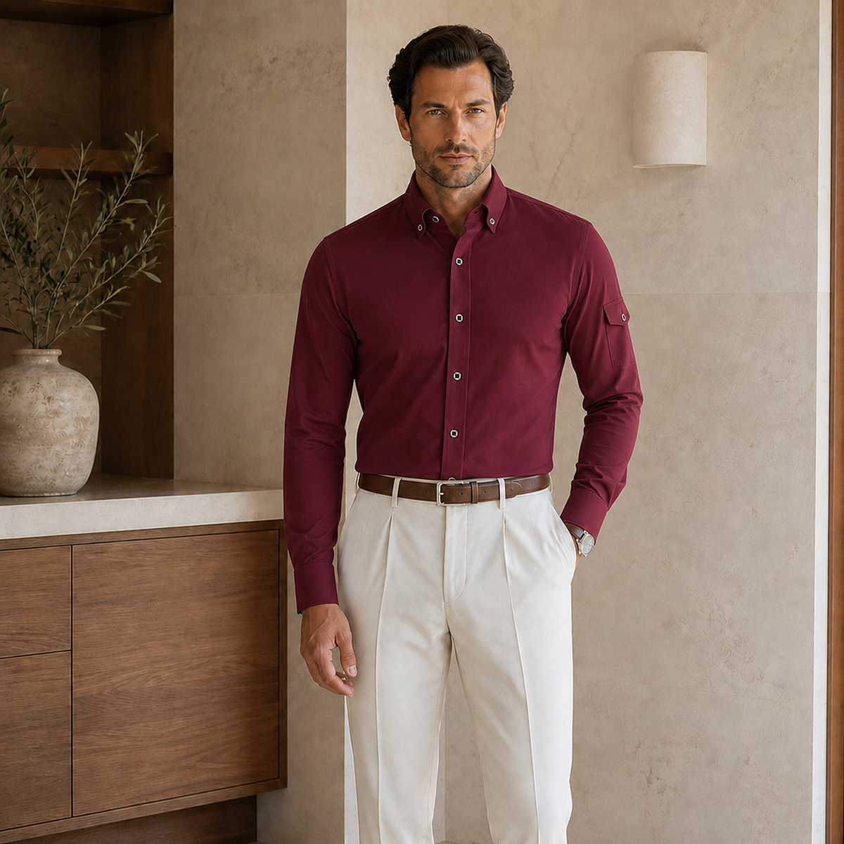 Valenric Essential White Shirt — Burgundy Long