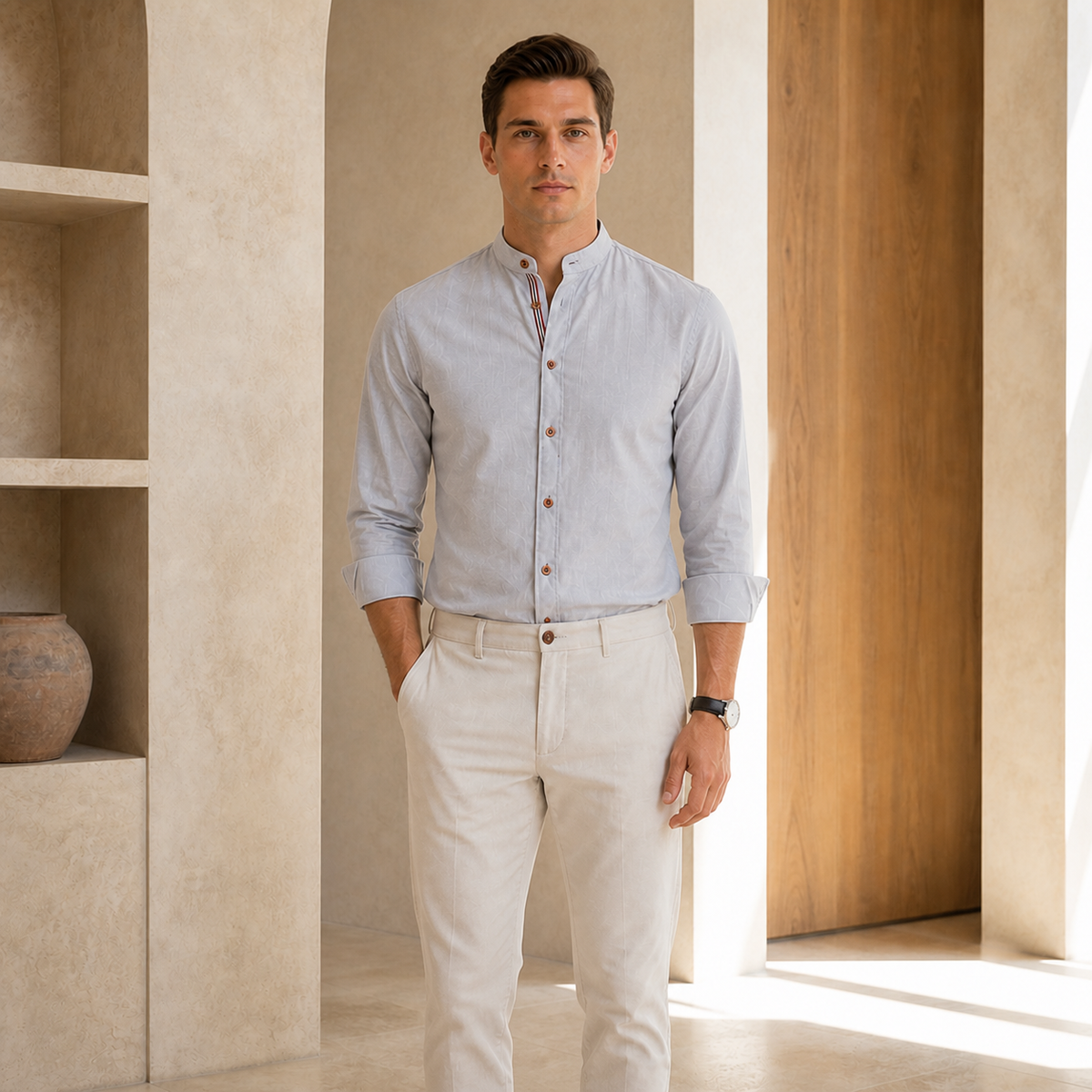Valenric Heritage Cotton Stand-Collar Shirt — Grey