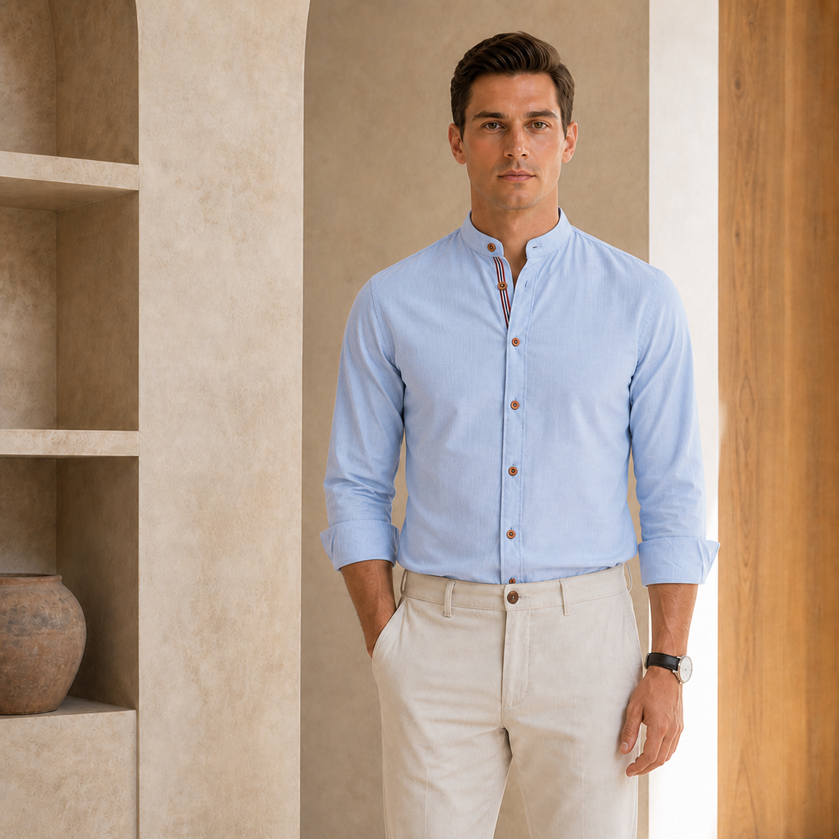 Valenric Heritage Cotton Stand-Collar Shirt — Light Blue