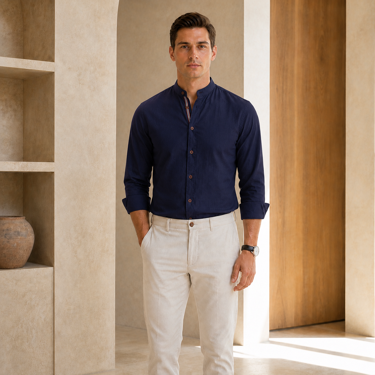 Valenric Heritage Cotton Stand-Collar Shirt — Navy