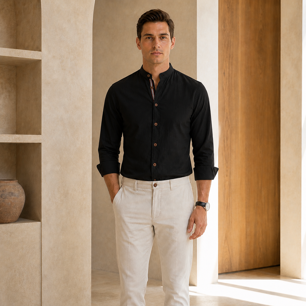 Valenric Heritage Cotton Stand-Collar Shirt — Black