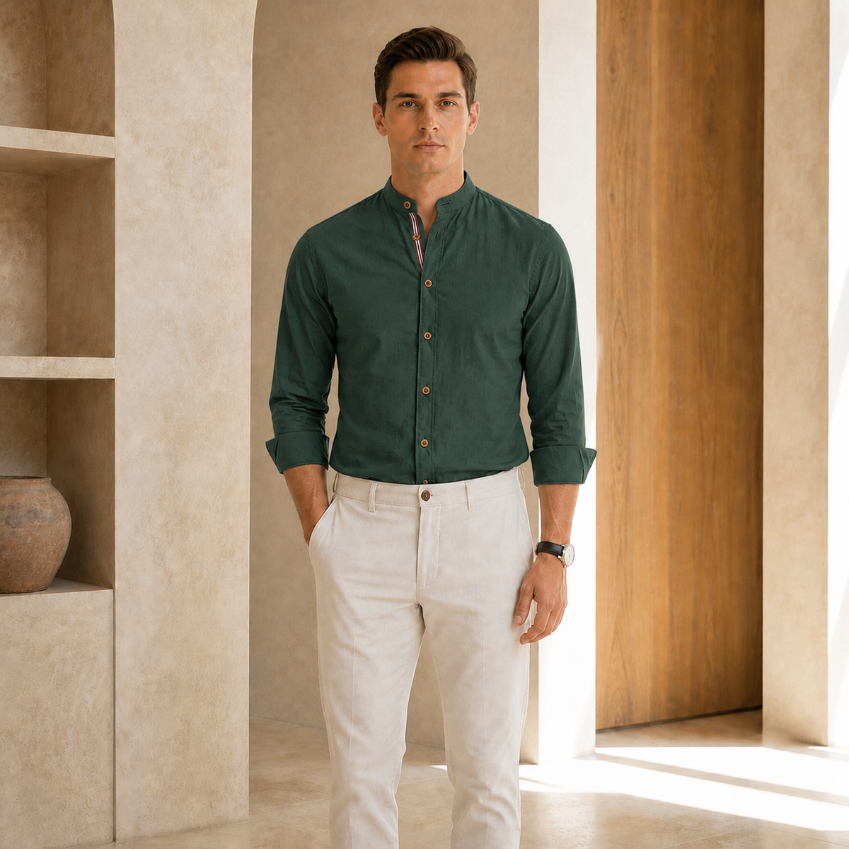 Valenric Heritage Cotton Stand-Collar Shirt — Army Green
