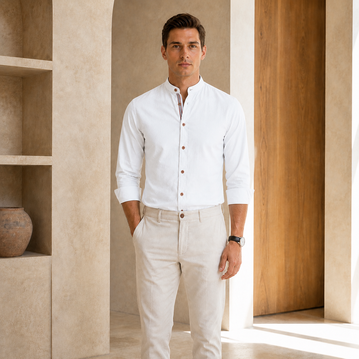 Valenric Heritage Cotton Stand-Collar Shirt — White