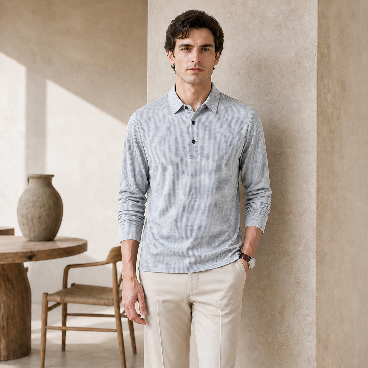 Valenric Regent Long-Sleeve Polo — Light Grey