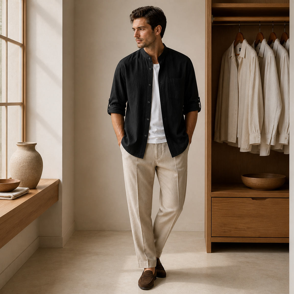 Valenric Relaxed Mid-Sleeve Shirt — Black
