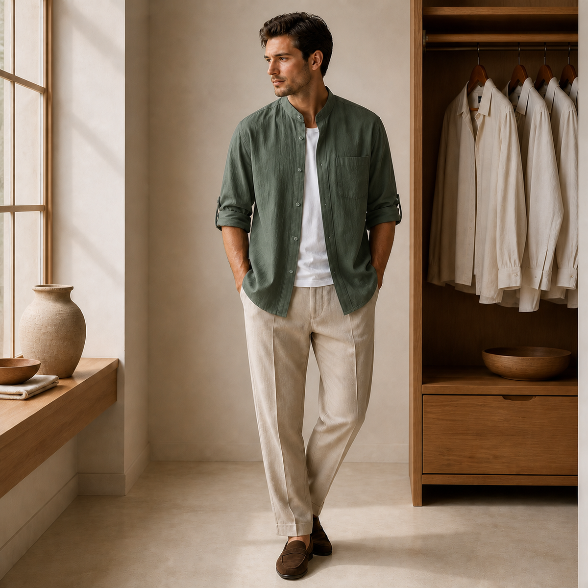 Valenric Relaxed Mid-Sleeve Shirt — Army Green
