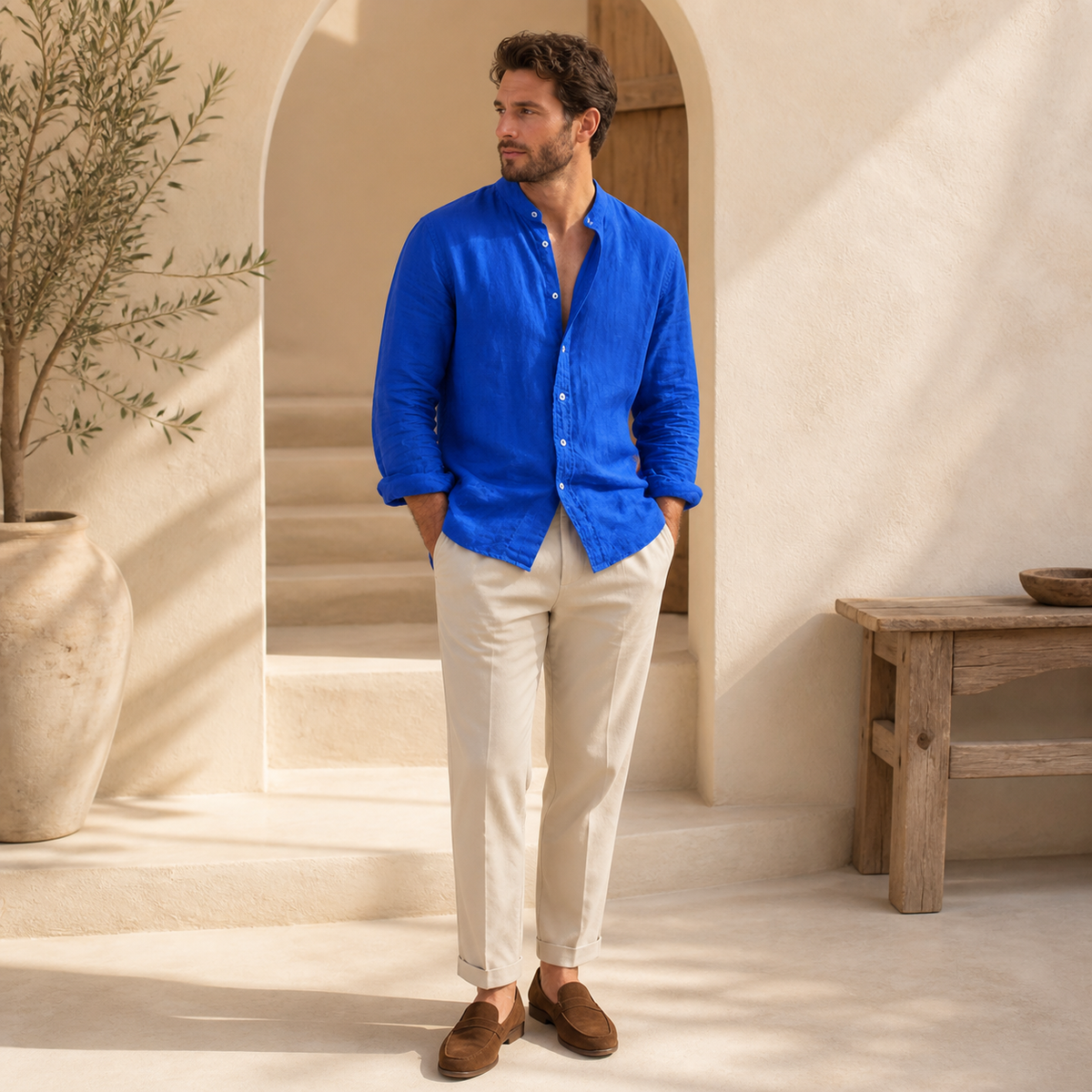 Valenric Riviera Linen Stand-Collar Shirt — Blue