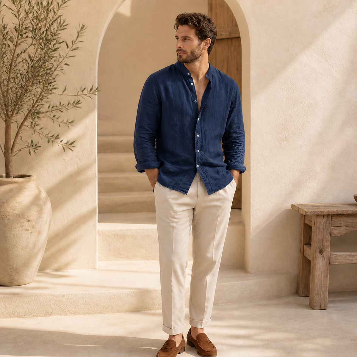 Valenric Riviera Linen Stand-Collar Shirt — Navy