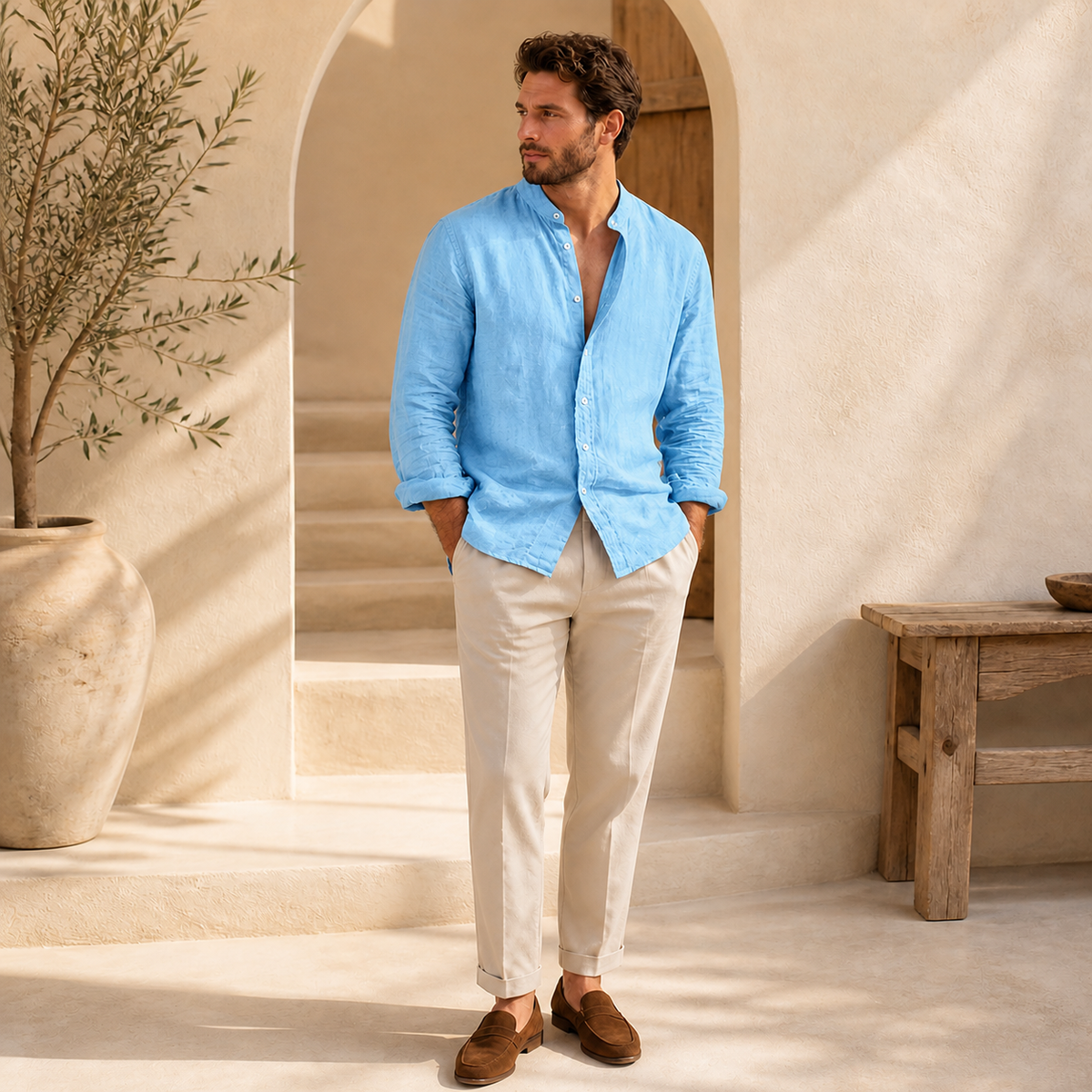 Valenric Riviera Linen Stand-Collar Shirt — Light Blue