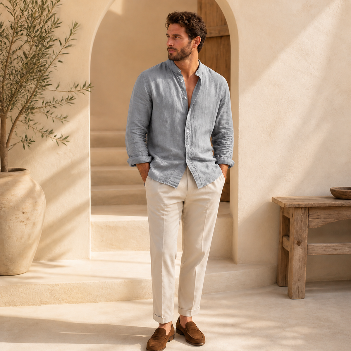 Valenric Riviera Linen Stand-Collar Shirt — Grey