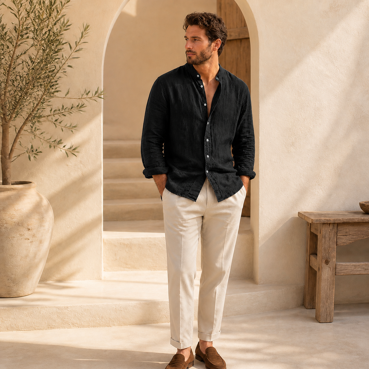 Valenric Riviera Linen Stand-Collar Shirt — Black