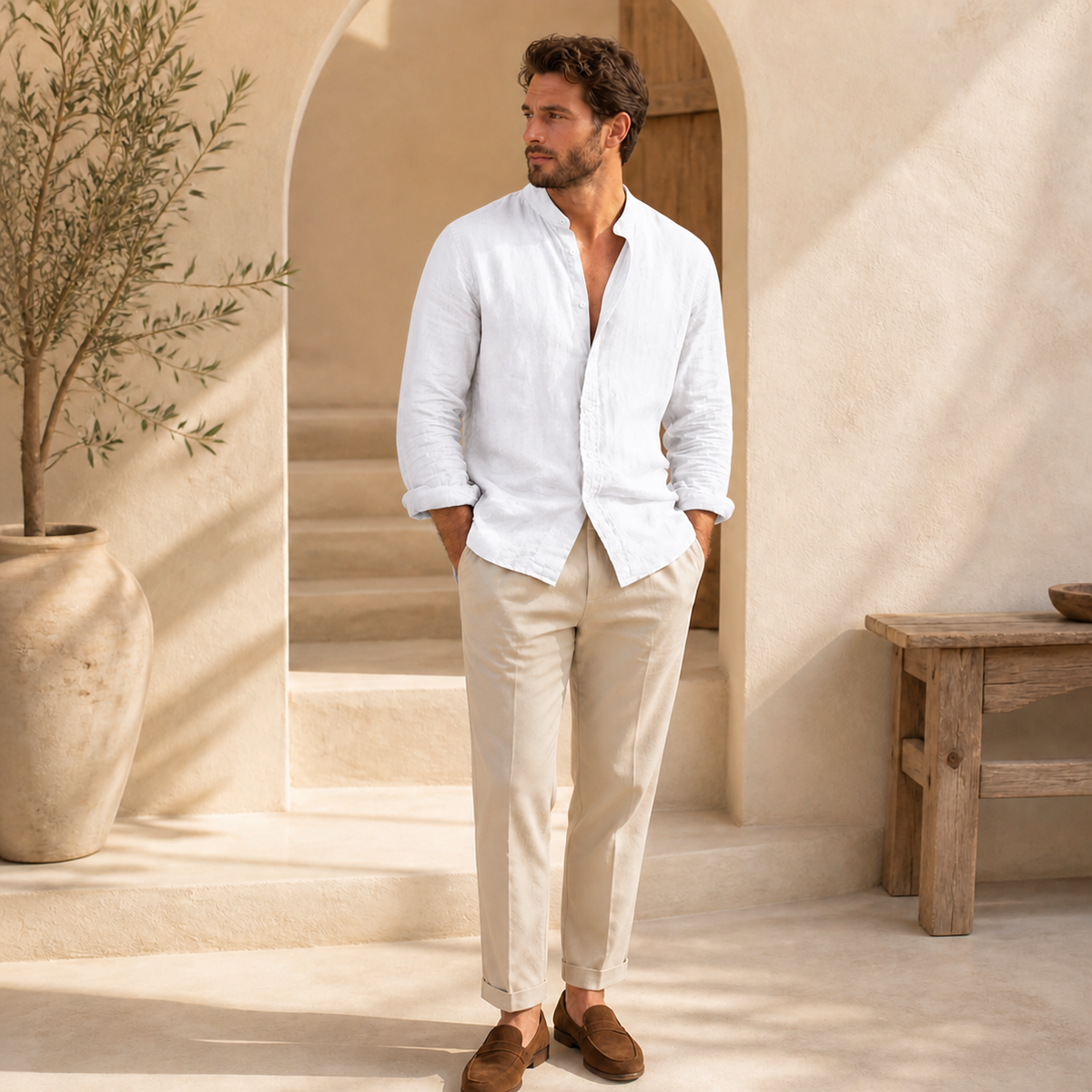 Valenric Riviera Linen Stand-Collar Shirt — White