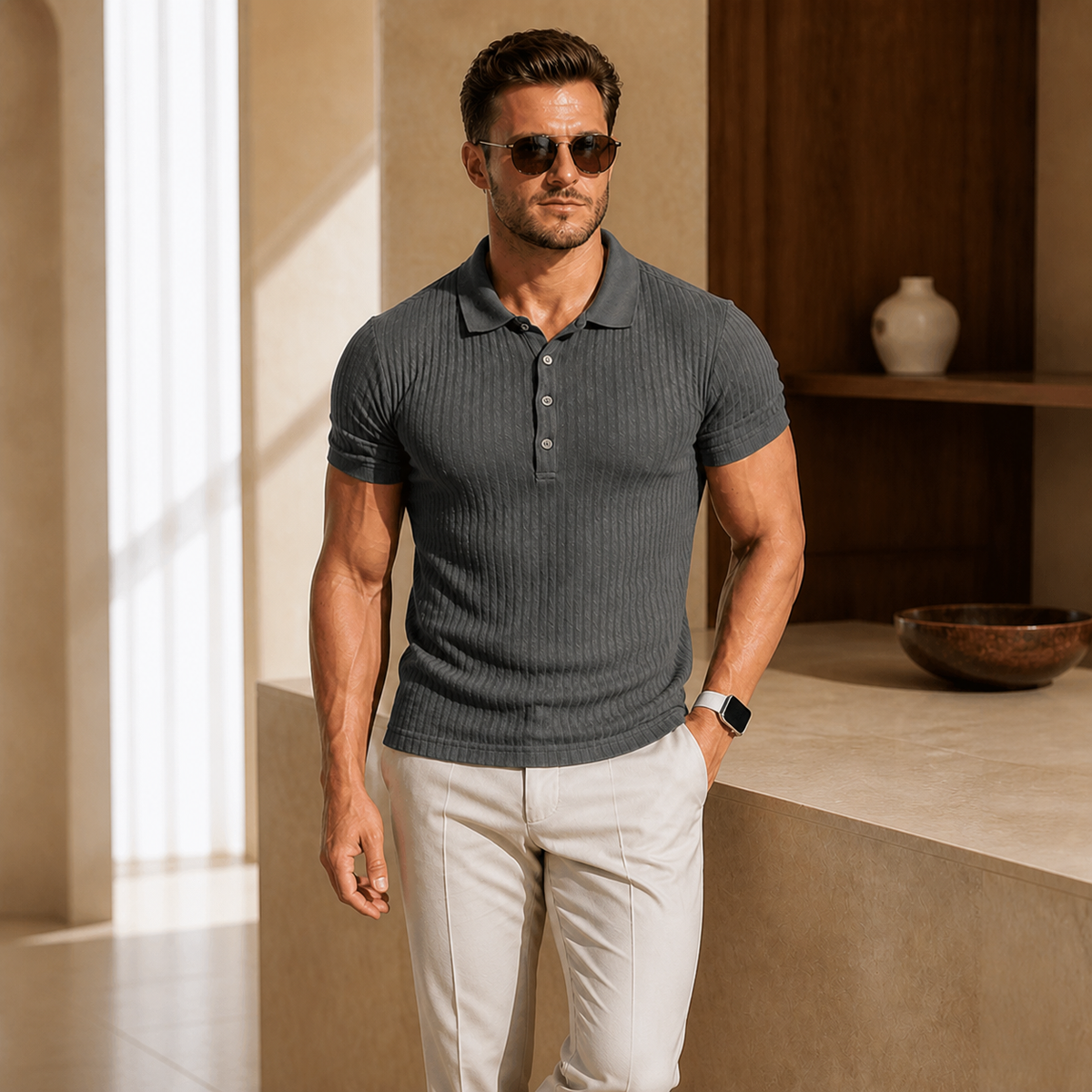 Valenric Stripe Collar Polo — Dark Grey