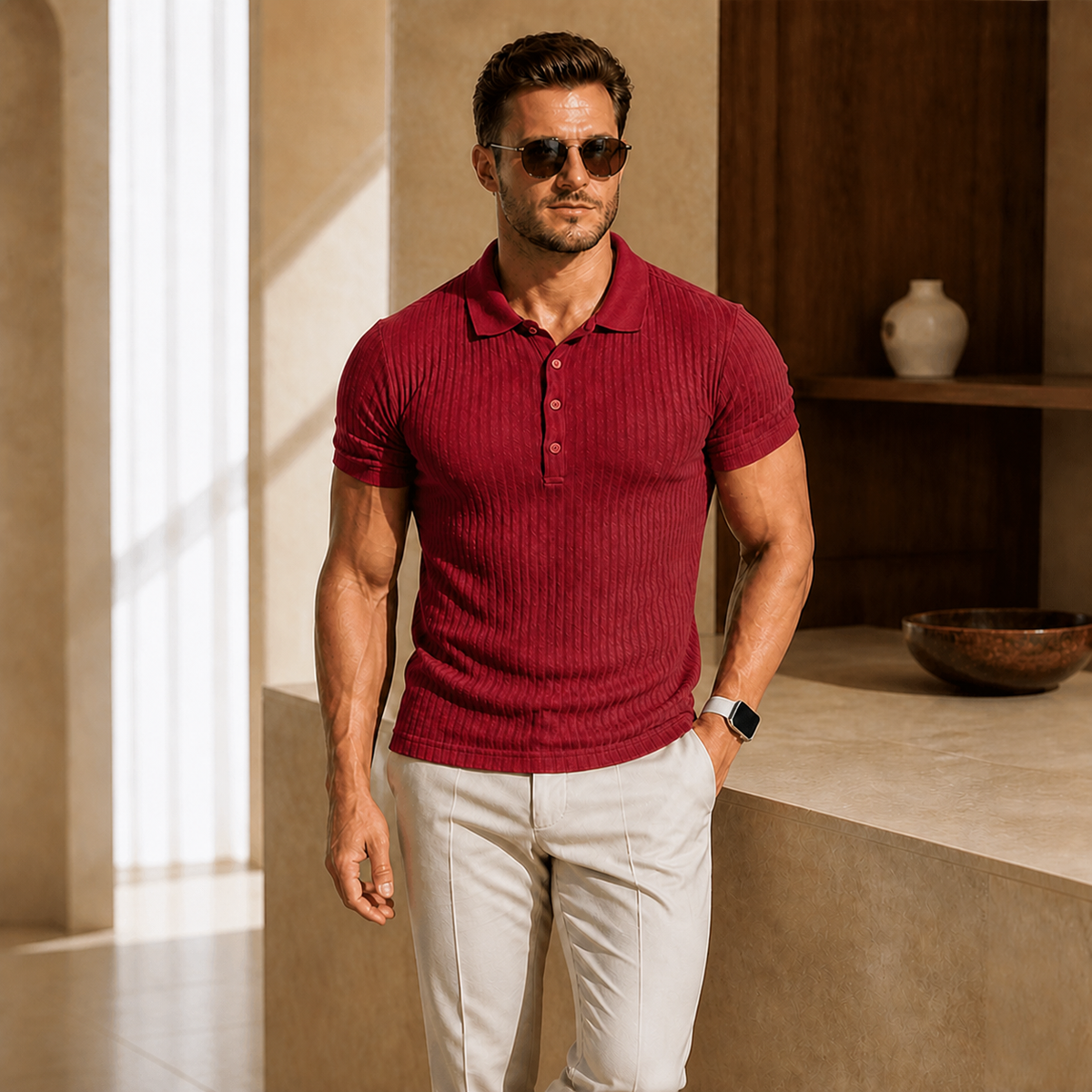 Valenric Stripe Collar Polo — Red