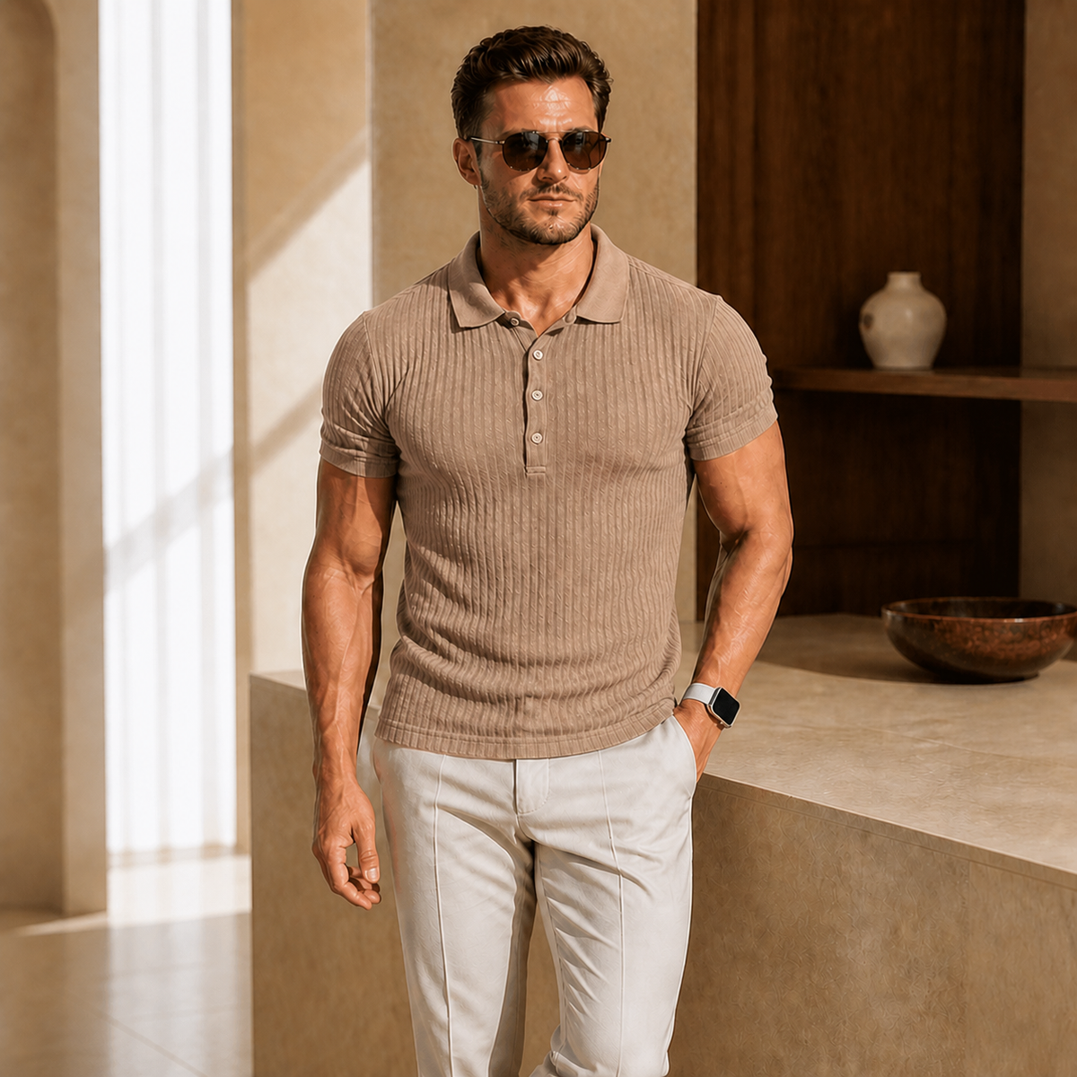 Valenric Stripe Collar Polo — Khaki