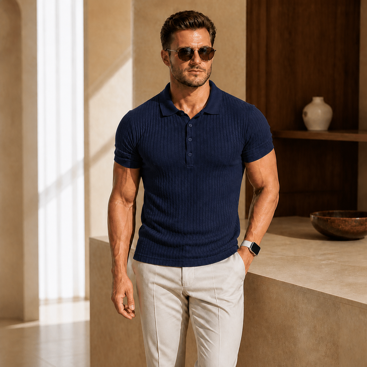 Valenric Stripe Collar Polo — Navy