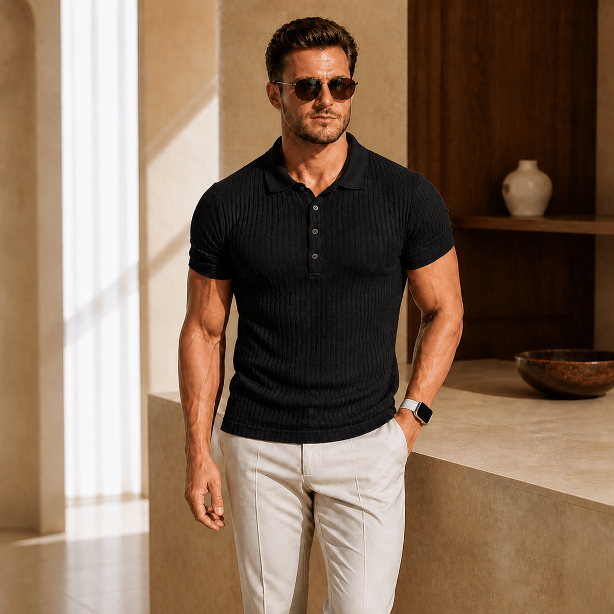 Valenric Stripe Collar Polo — Black