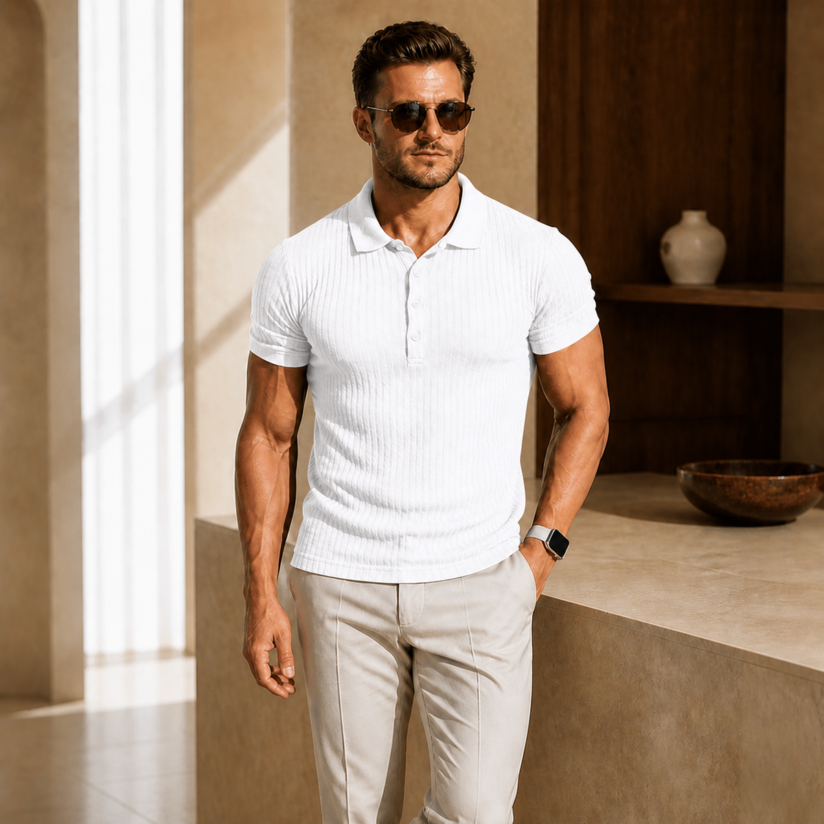 Valenric Stripe Collar Polo — White