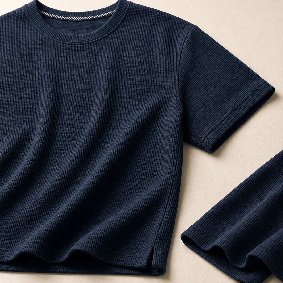 Valenric Waffle-Knit T-Shirt — detalhe da construção, manga e caimento
