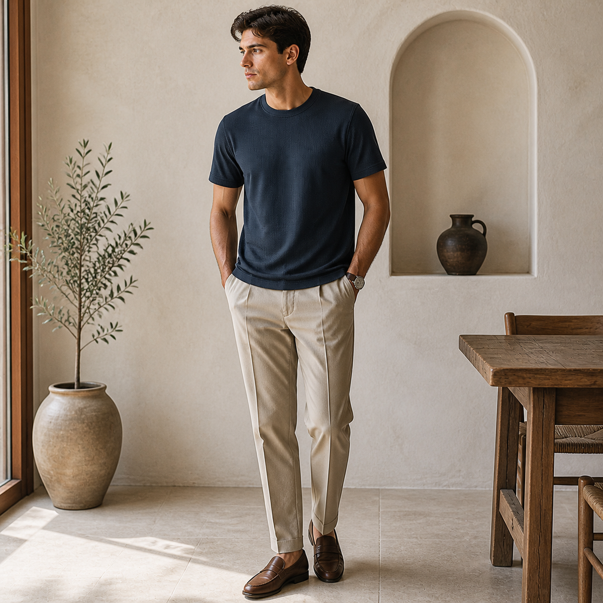 Valenric Waffle-Knit T-Shirt — lifestyle premium na cor Navy